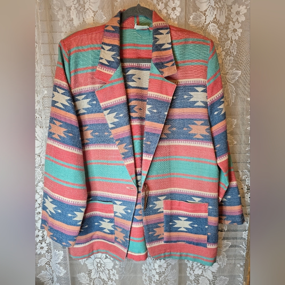 CLIO 80s Vintage Colorful Aztec Patterned Women's Blazer, Large